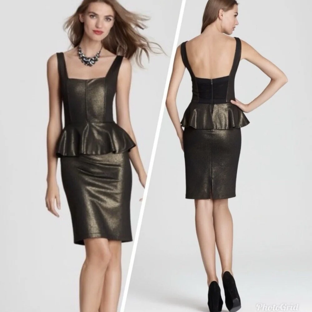 Alice + Olivia Sleeveless Peplum Knee Length Metallic Grey/Gold Size 2
